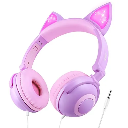 LOBKIN Kids Headphones with Cat Ears & LED Lights, 85dB Volume Limiter, Foldable, Purple+Pink