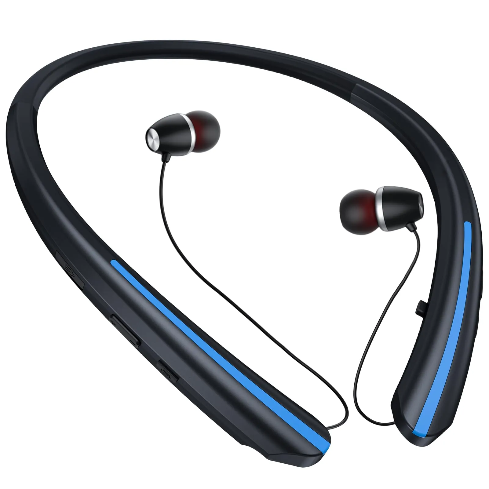 Neckband Bluetooth Headphones, Retractable Earbuds, IPX5 Sweatproof, Noise Cancelling, Black Blue