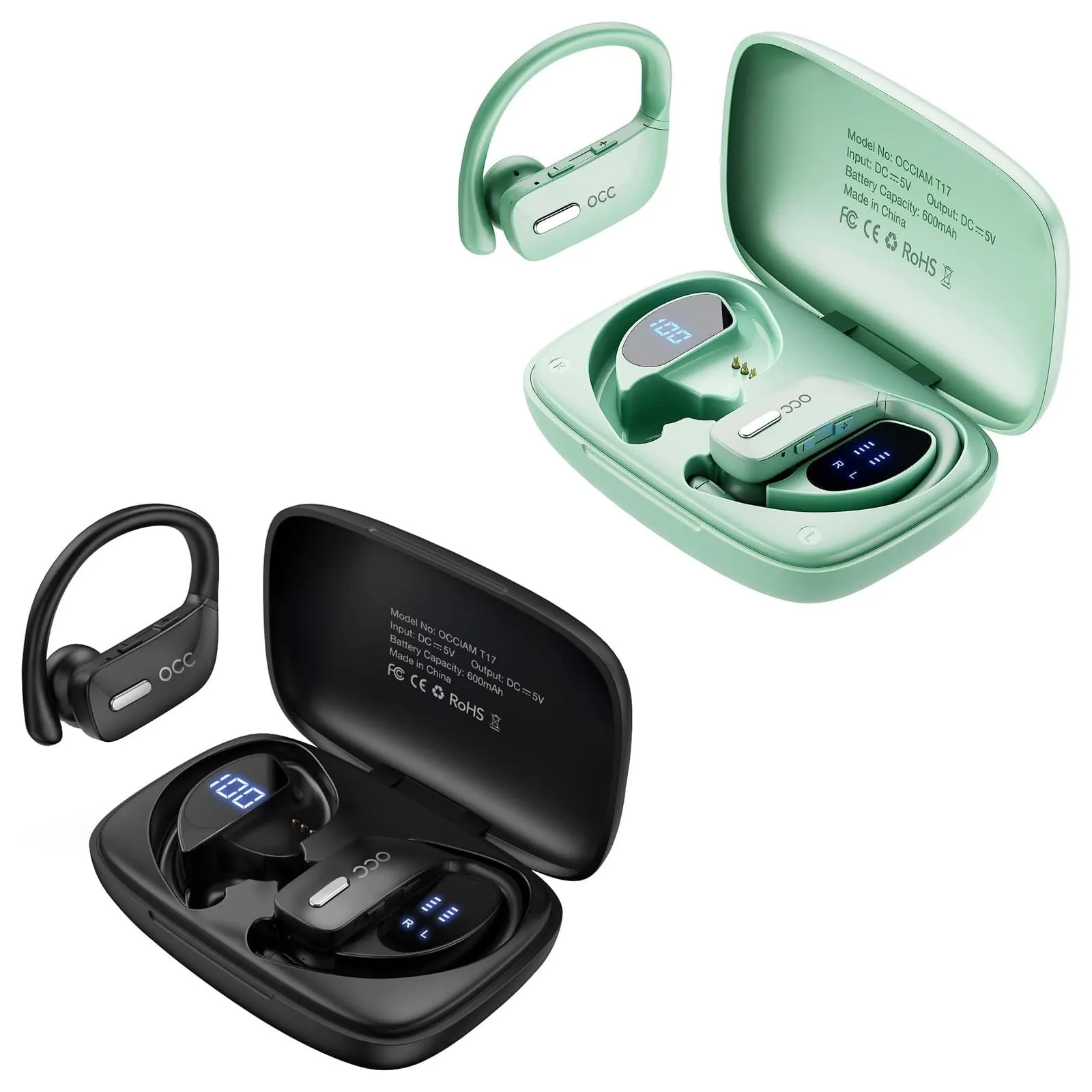 occiam Wireless Earbuds Bluetooth Headphones 48H Play Black & Green, Waterproof, Microphone