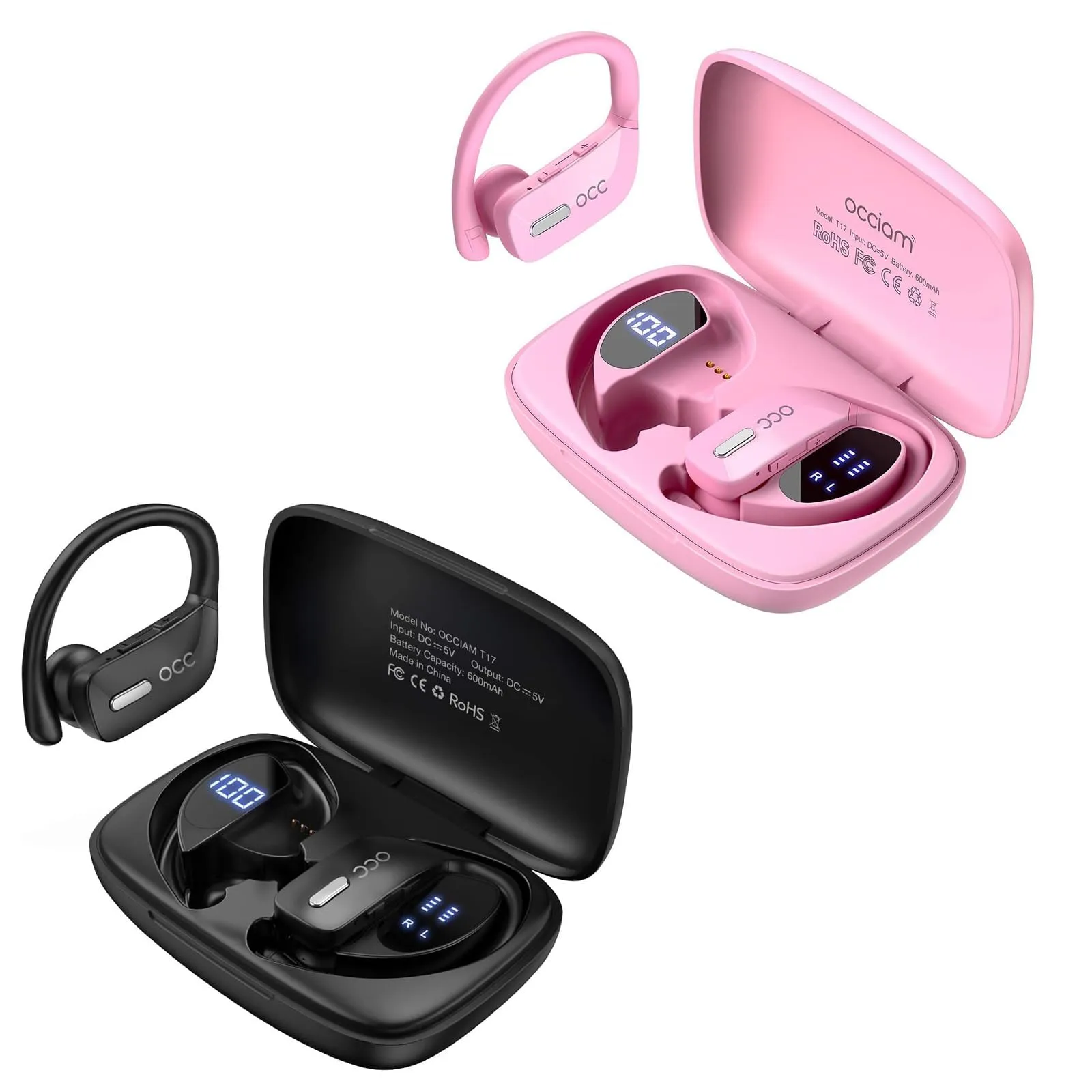 occiam Wireless Earbuds Bluetooth Headphones 48H Play Black Pink Waterproof with Microphone