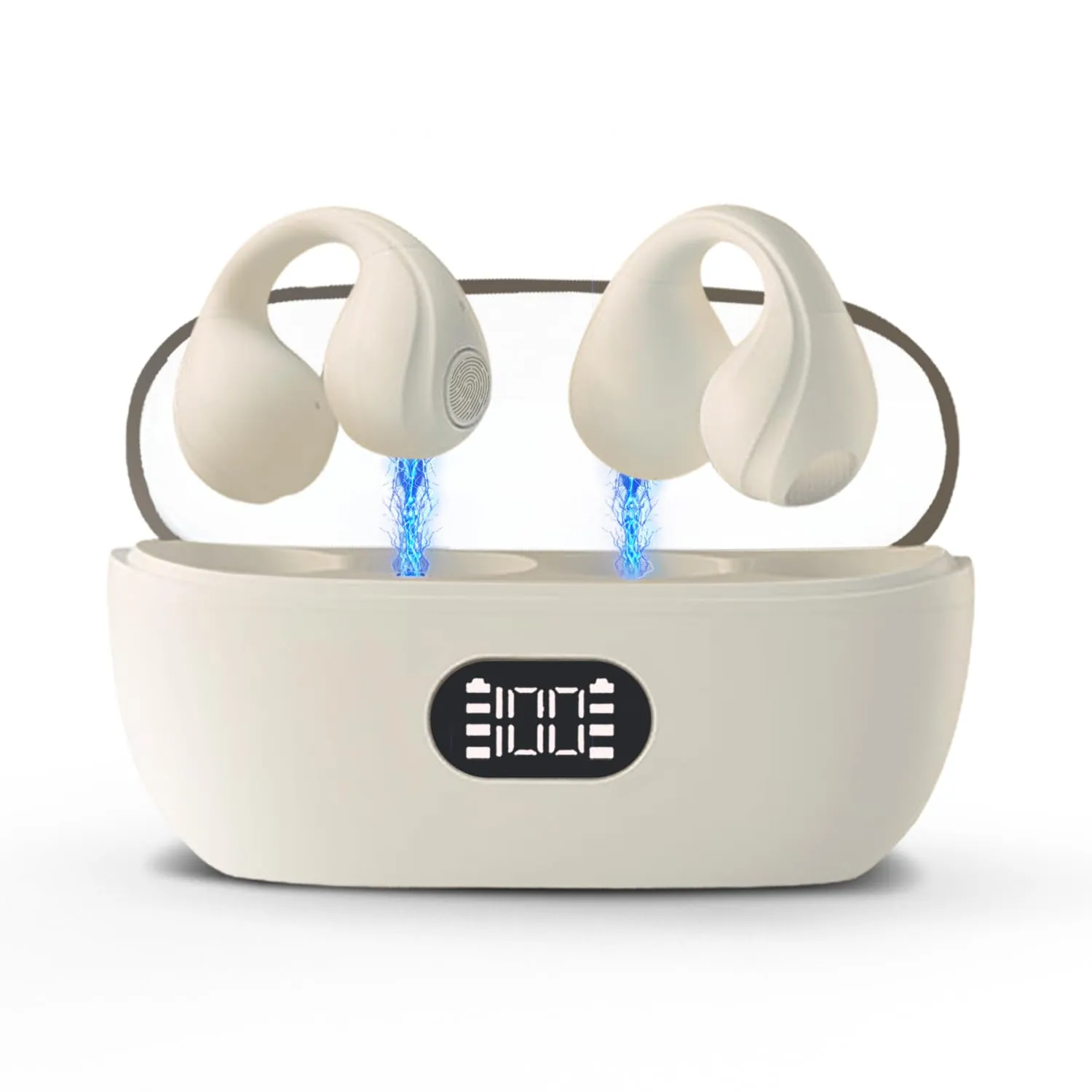 Open-Ear Bluetooth 5.3 Wireless Earbuds, Bone Conduction Headphones, Noise-Cancelling Beige Clips