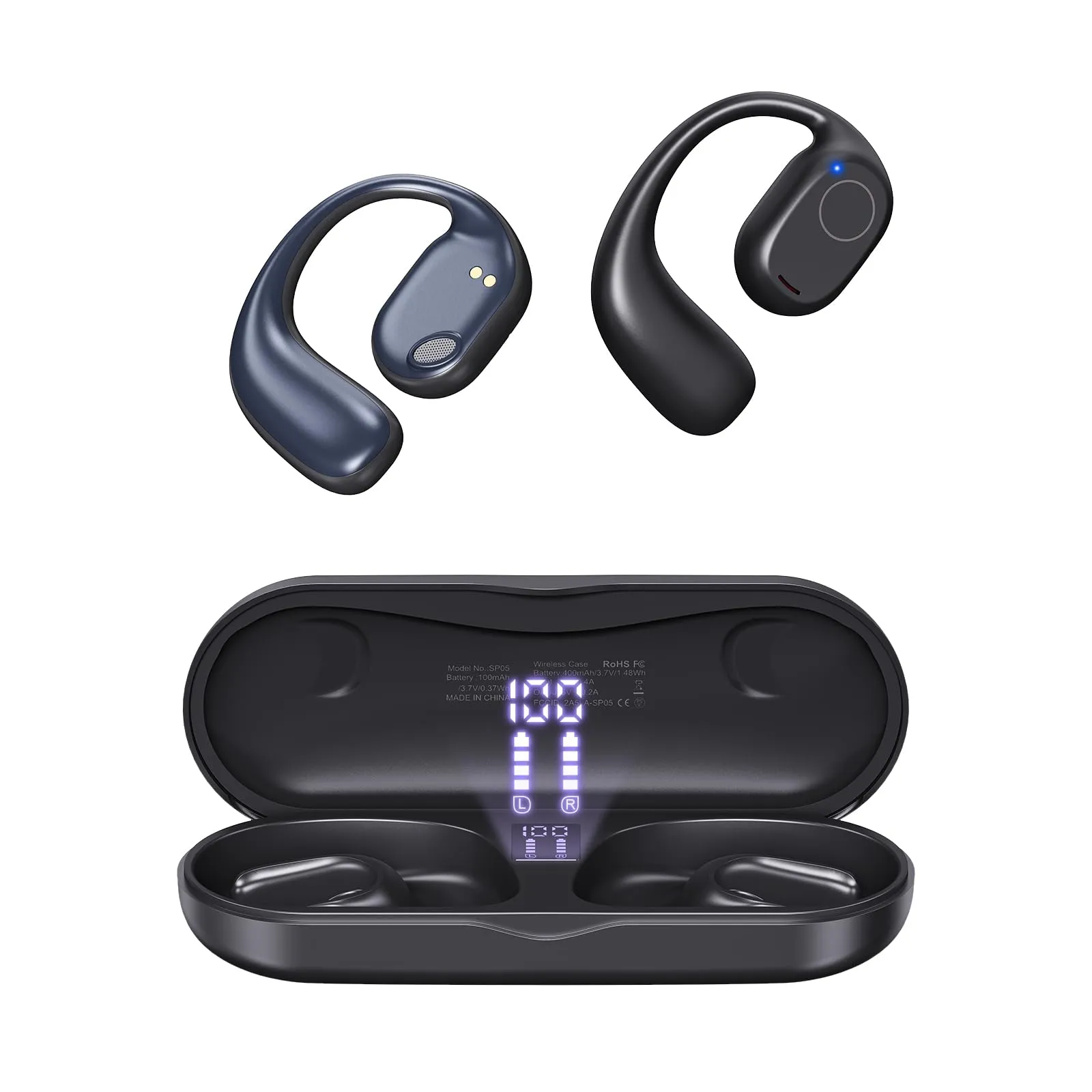 Open Ear Bluetooth Headphones, Wireless Air Conduction, 40H Playtime, IPX6 Waterproof, Black