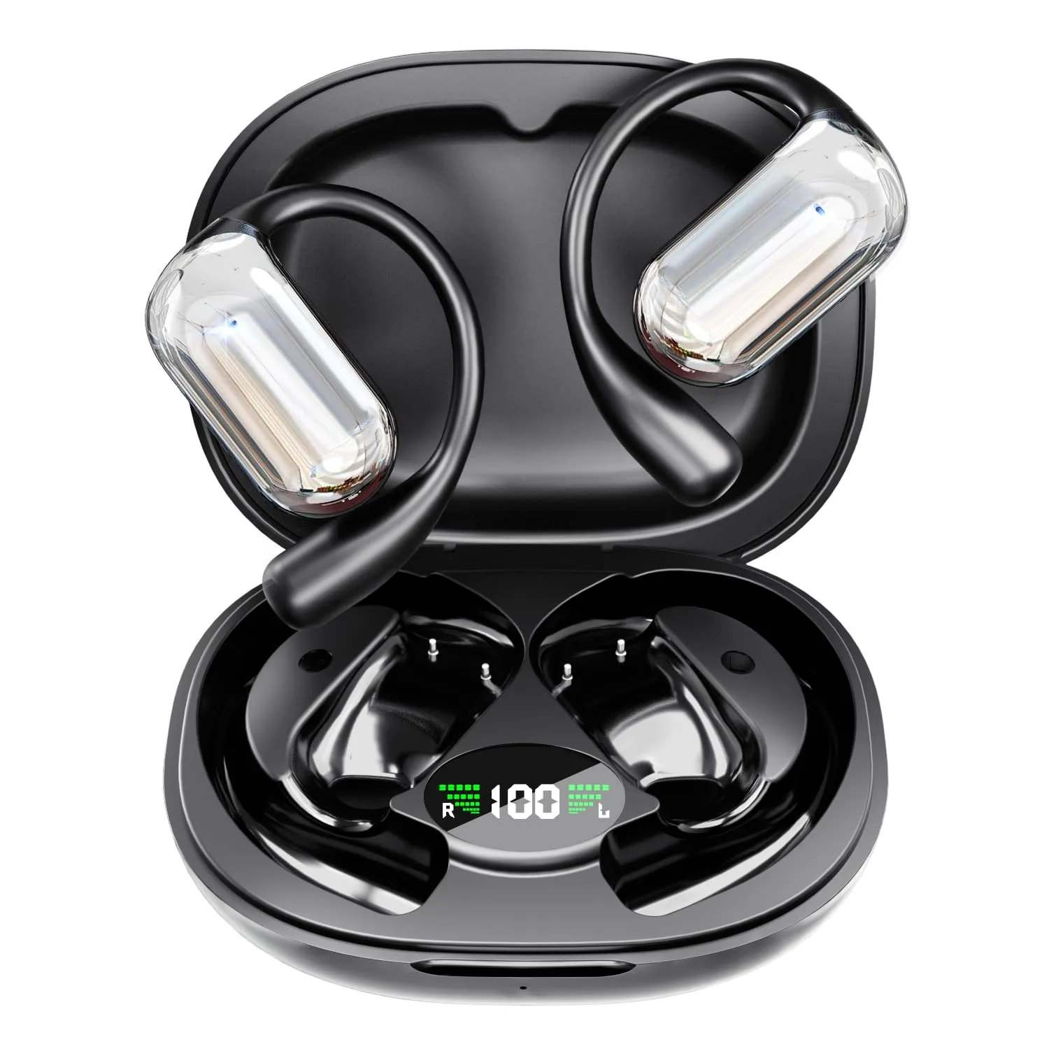 Open Ear Bluetooth Headphones with 50H Playtime, Waterproof Earbuds, LED Display Charging Case