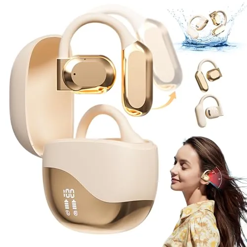 Open Ear Headphones with Ear Hooks, Wireless Bluetooth Earbuds, Ultra-Clear Sound, Beige