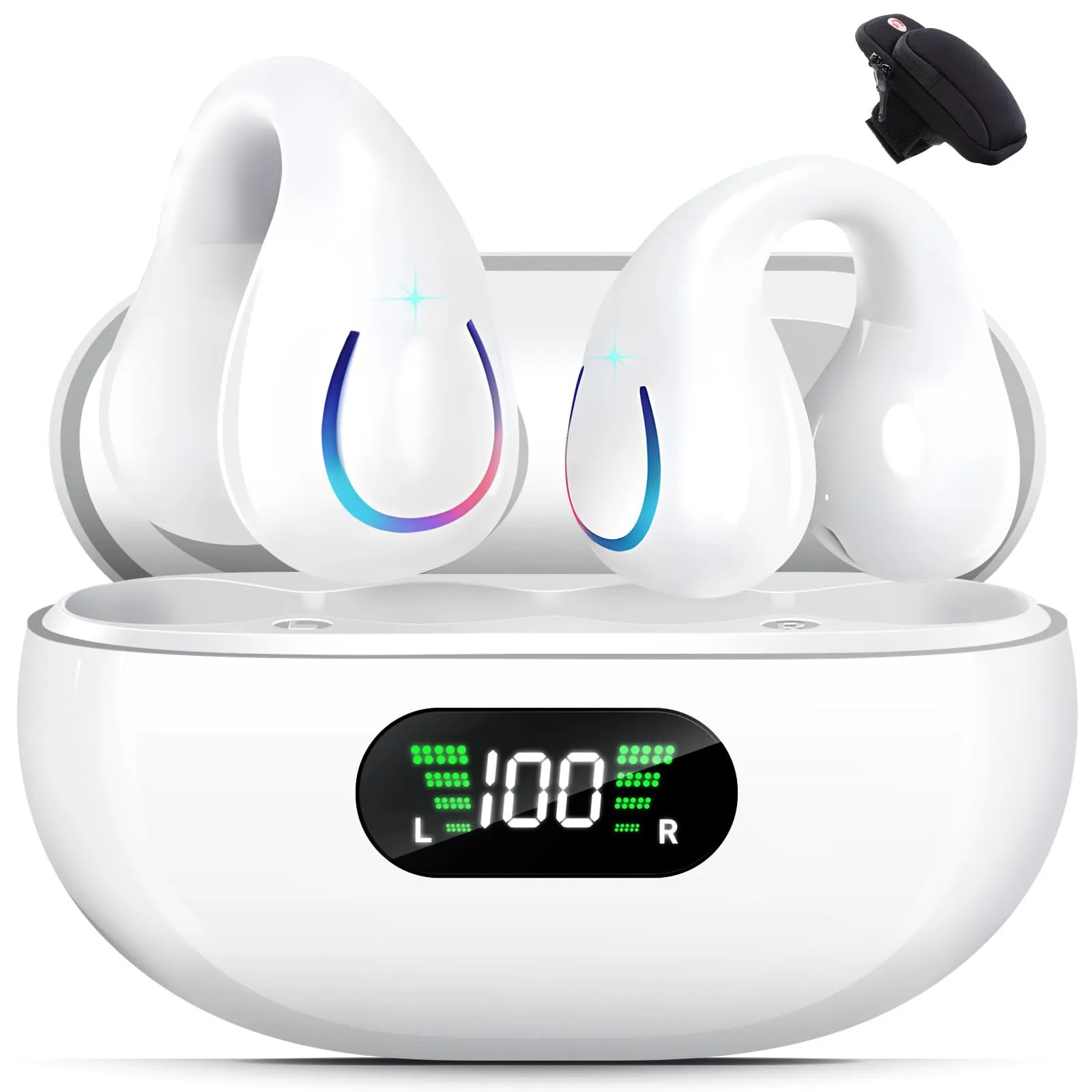 Open Ear Wireless Clip-on Earbuds Bluetooth 5.3 with 40H Playtime & Waterproof Armband Holder