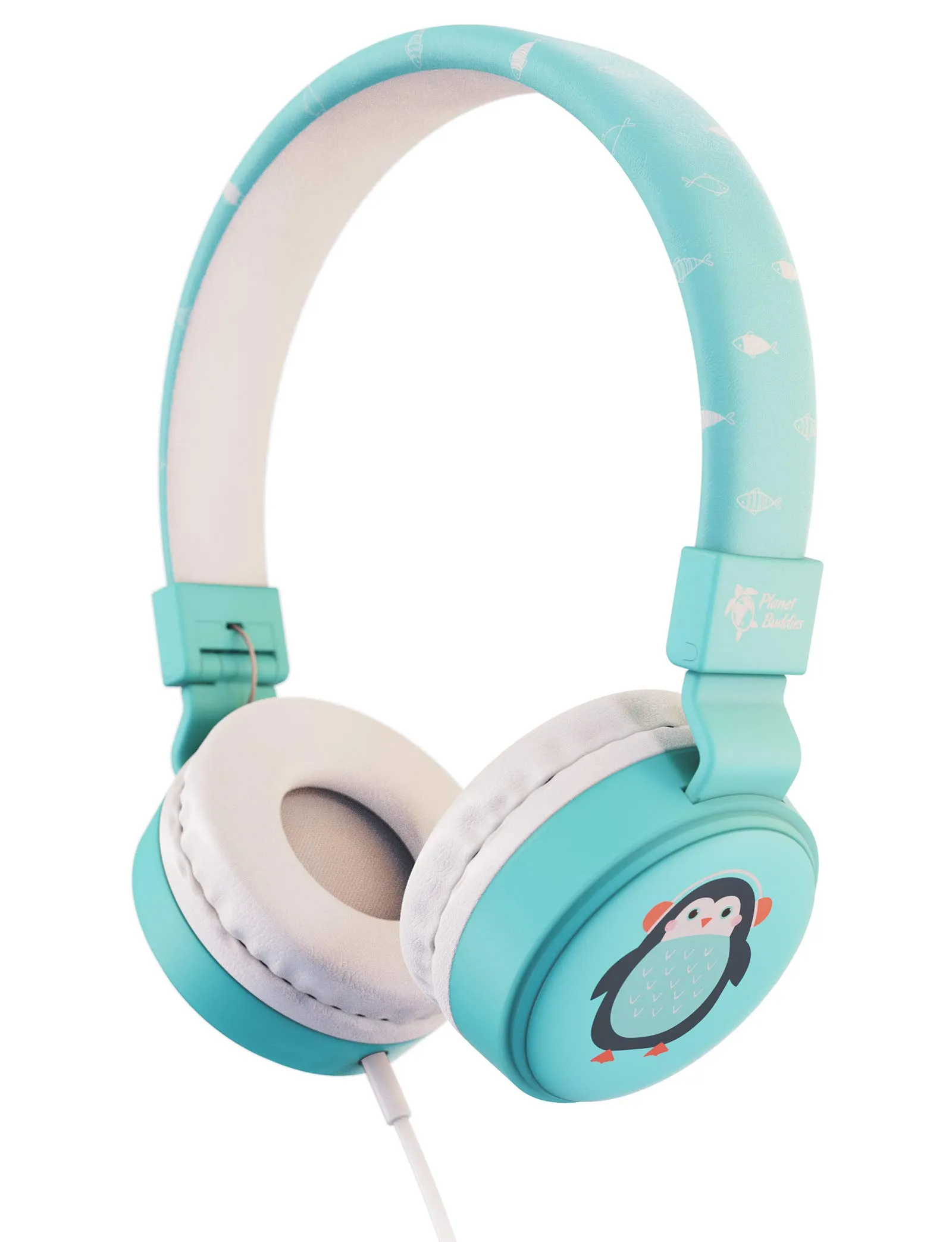 Planet Buddies Kids Headphones - Wired Microphone, Volume Safe, Foldable, Blue Penguin Design