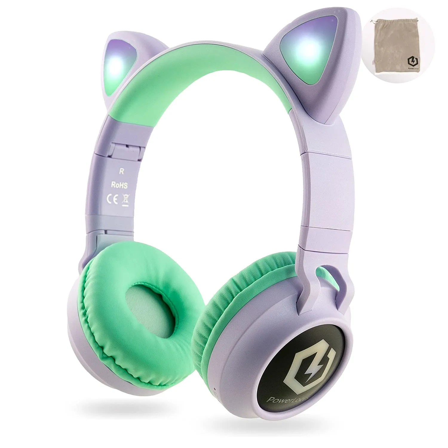 PowerLocus Kids Cat Ear Headphones, Bluetooth 5.3, LED Lights, Safe Volume Limit, Purple/Teal