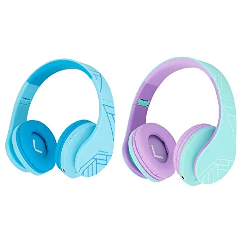 PowerLocus P2 Kids Bluetooth Headphones - Volume Limited, Blue and Teal/Purple, Wireless & Wired