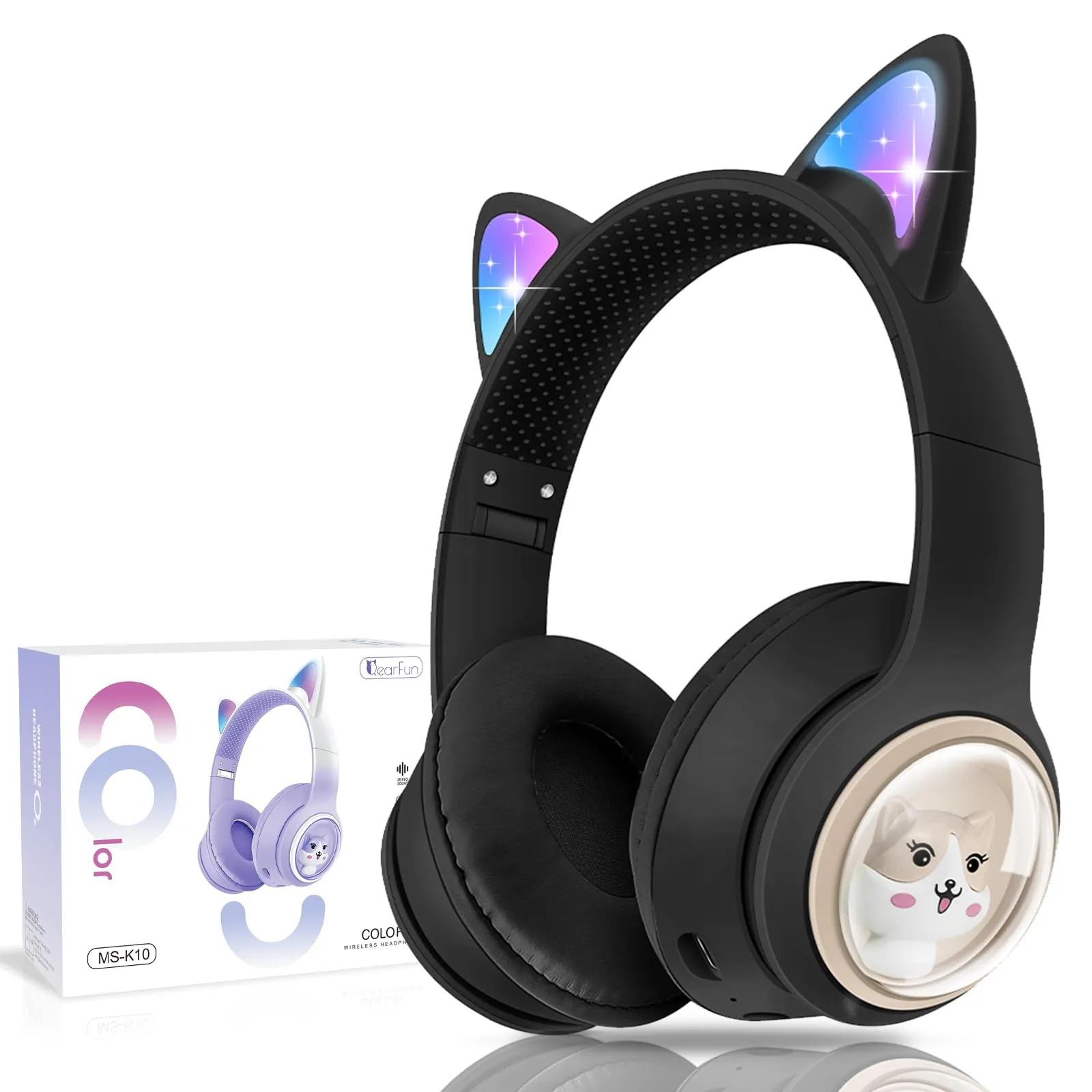 QearFun Cat Headphones for Kids, Bluetooth & Wired, Adjustable Headband, LED Lights, Black