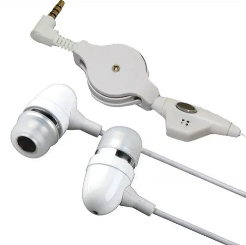 Retractable All White Metal Bullet Sound Isolating Earbuds Hands-Free Headset with Microphone