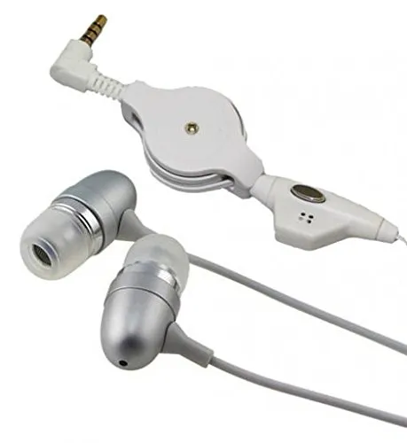 Retractable Headset Hands-Free Earphones w/ Mic, Dual Metal Earbuds, 3.5mm Jack, Silver