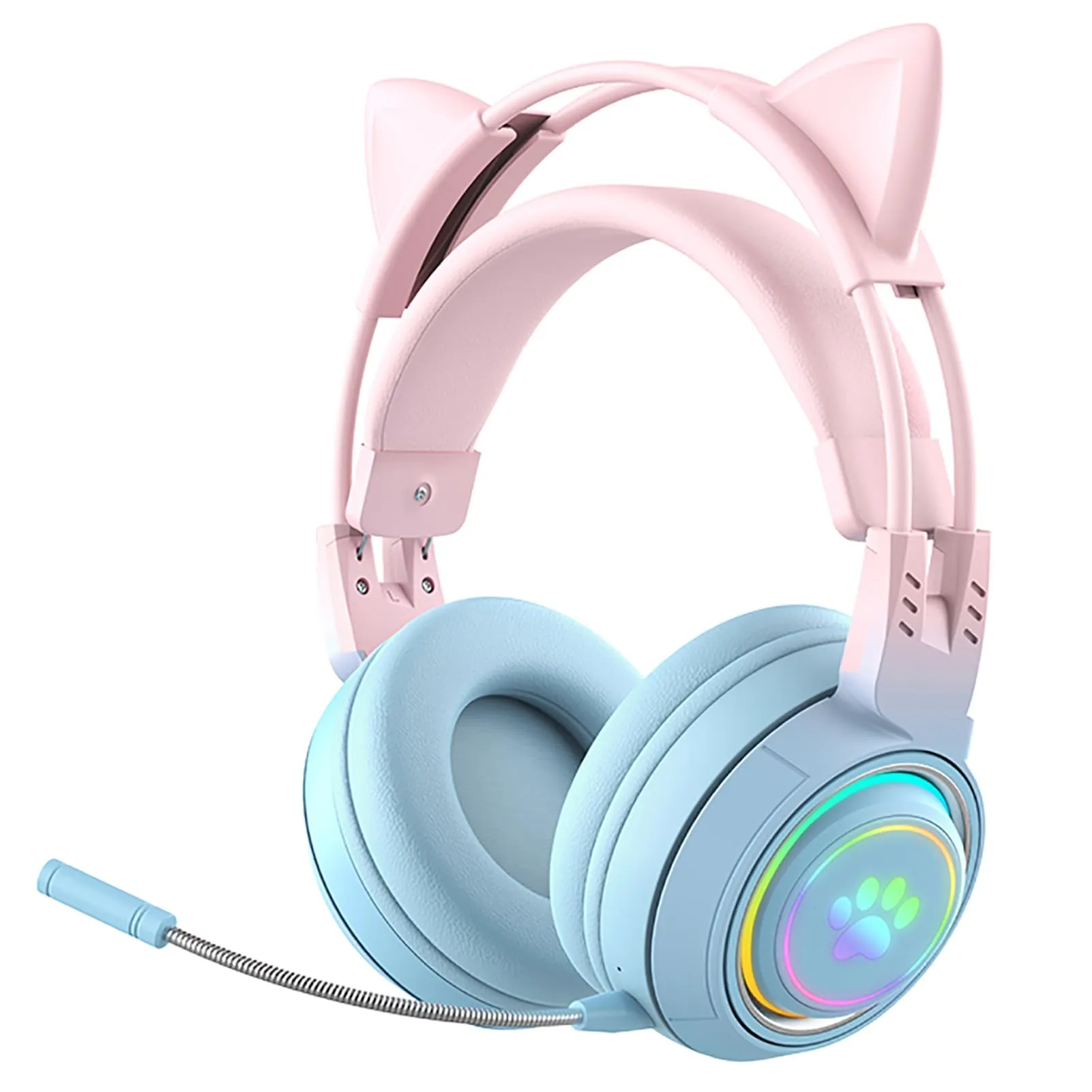 RGB Cat Ear Wireless Headset with Detachable Mic, Bluetooth/Wired Dual Mode, Pink-Blue