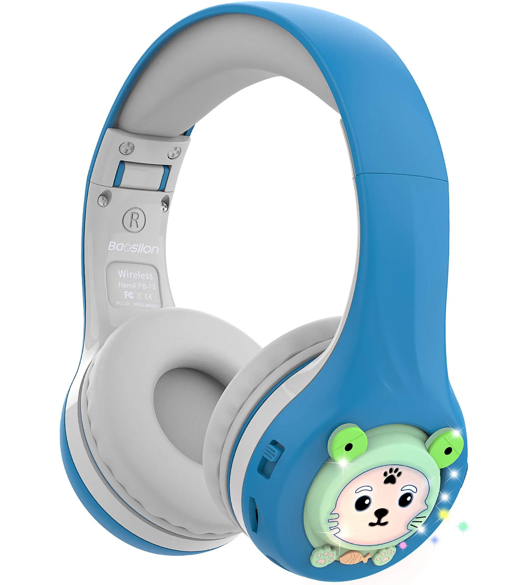 Riwbox FB-7S Frog Kids Headphones Bluetooth, LED Light Up, Volume Limited 75/85/95dB, Blue&Grey