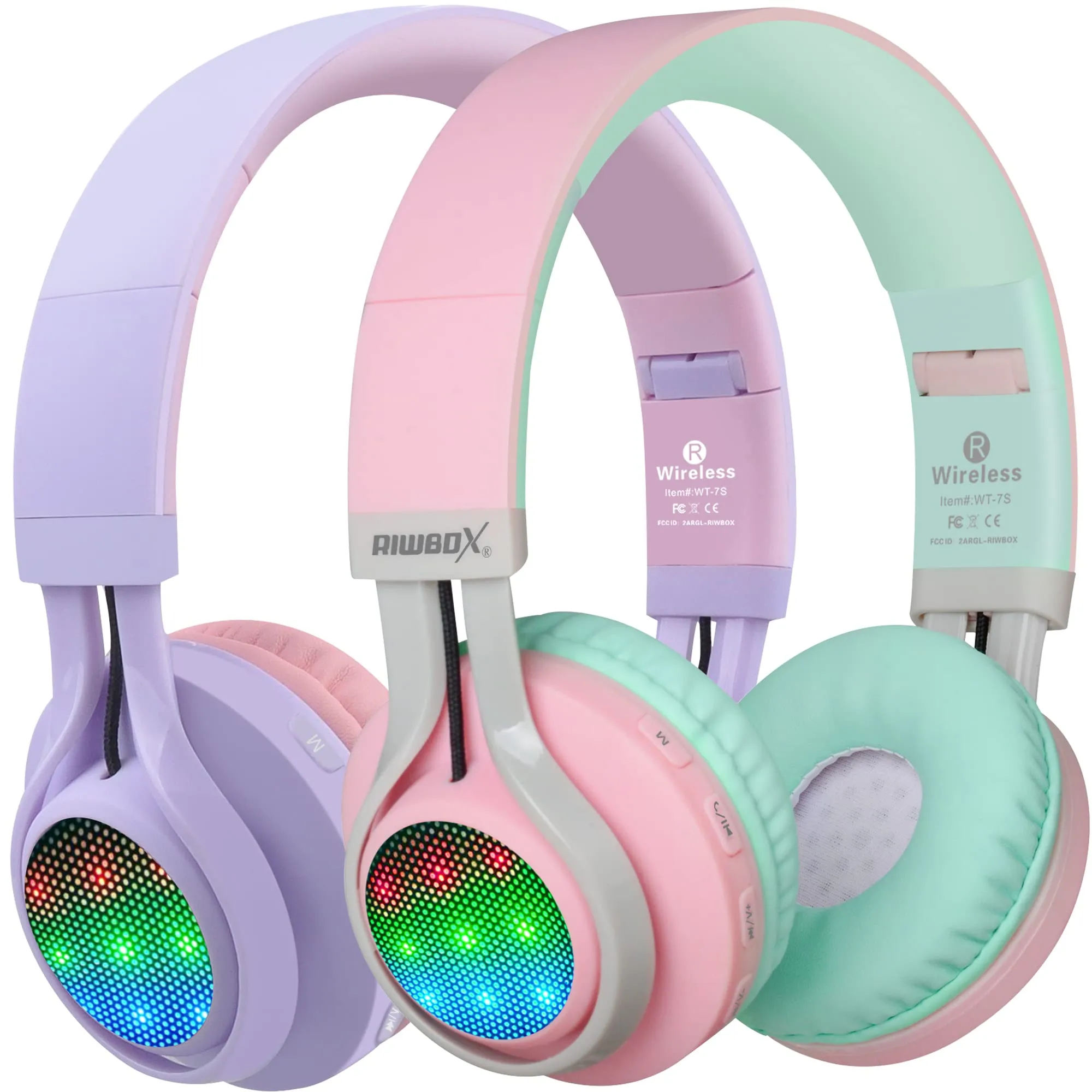 Riwbox WT-7S Kids Bluetooth Headphones, Wireless Foldable Stereo Headset in Purple & Pink