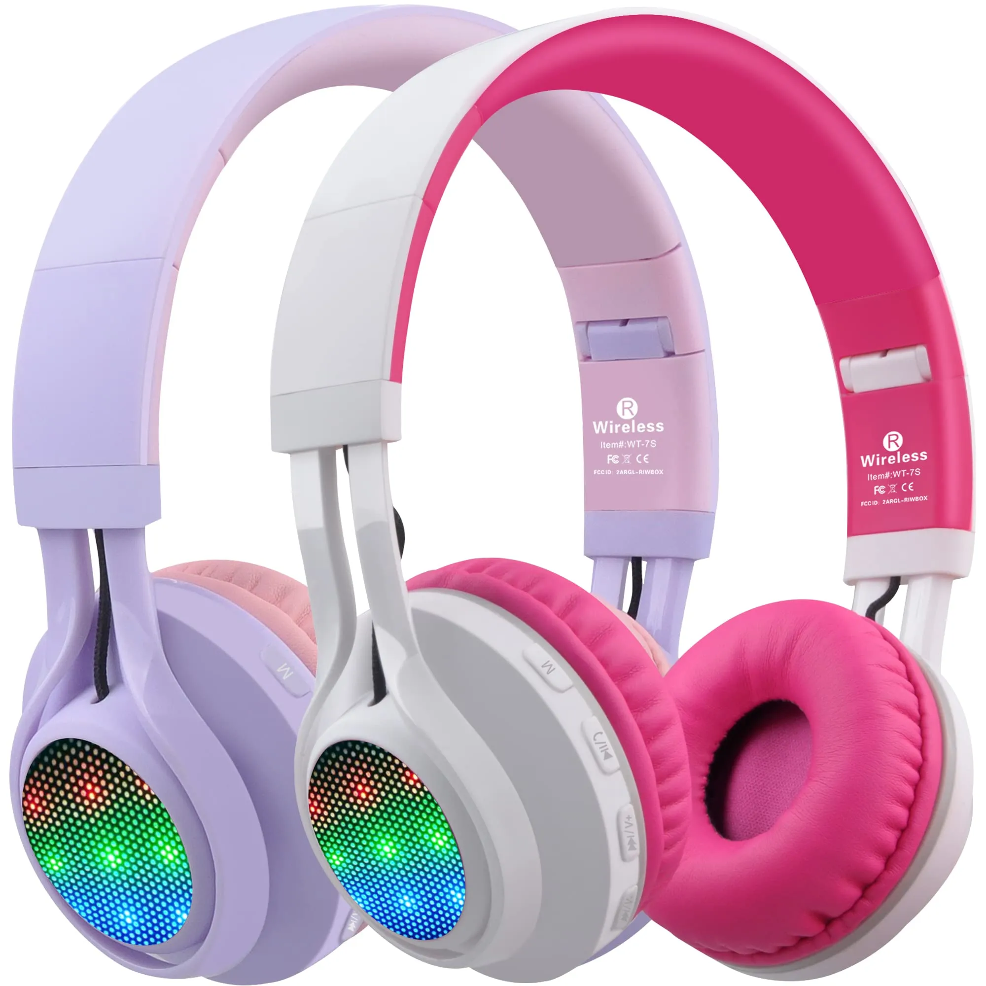 Riwbox WT-7S Kids Wireless Headphones, Foldable Bluetooth Headset with Mic, Purple Pink