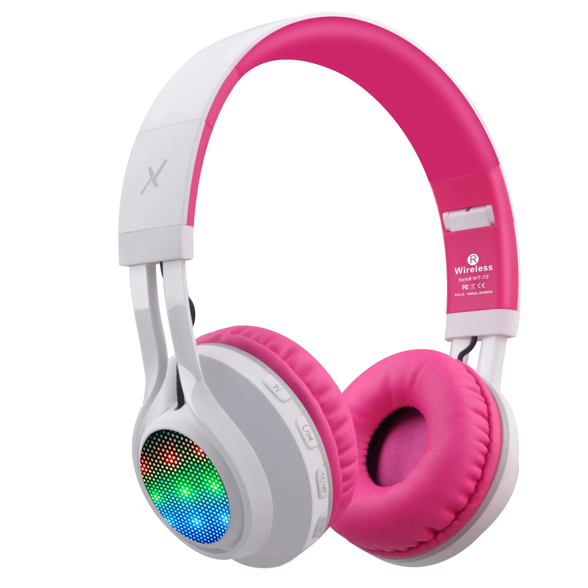 Riwbox WT-7S Pink Bluetooth Headphones with LED Lights, Foldable Design, Microphone & Volume Control