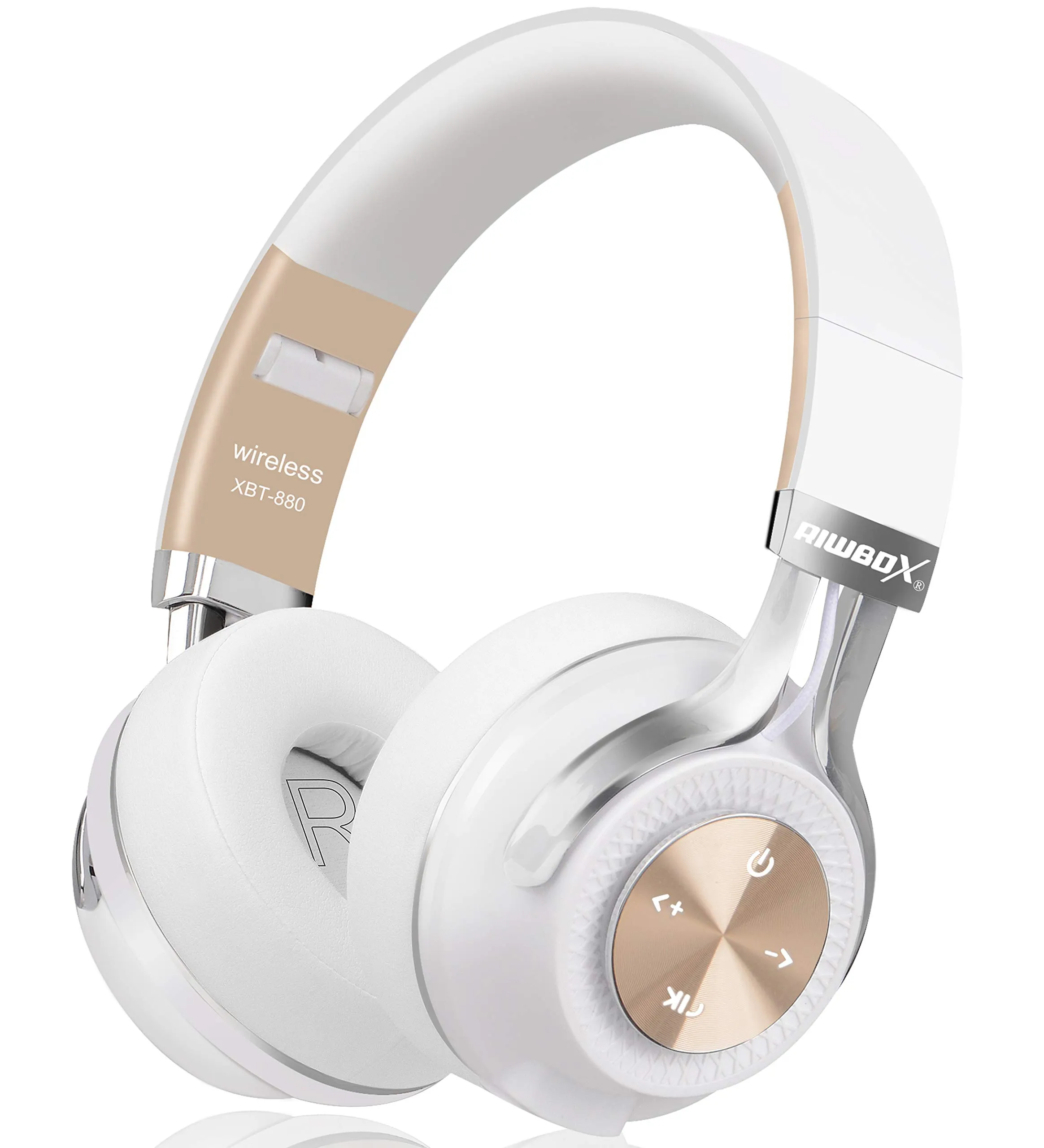 Riwbox XBT-880 Wireless Bluetooth Headphones White & Gold Over Ear with Microphone & Volume Control