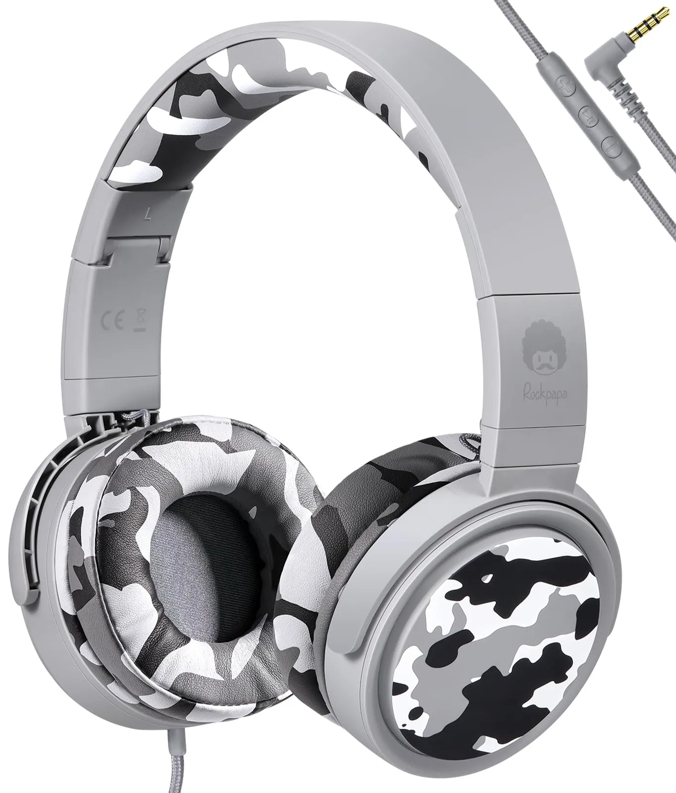 Rockpapa Grey Camouflage Wired Headphones with Microphone, Lightweight Foldable Stereo Bass