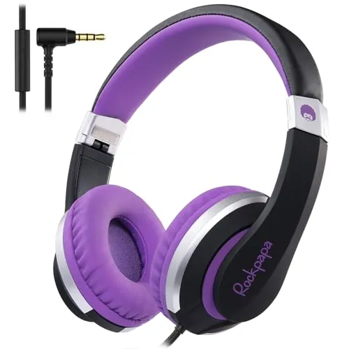 rockpapa HS20 Wired Kids Headphones, Foldable Lightweight, Microphone, 3.5mm Jack, Black Purple