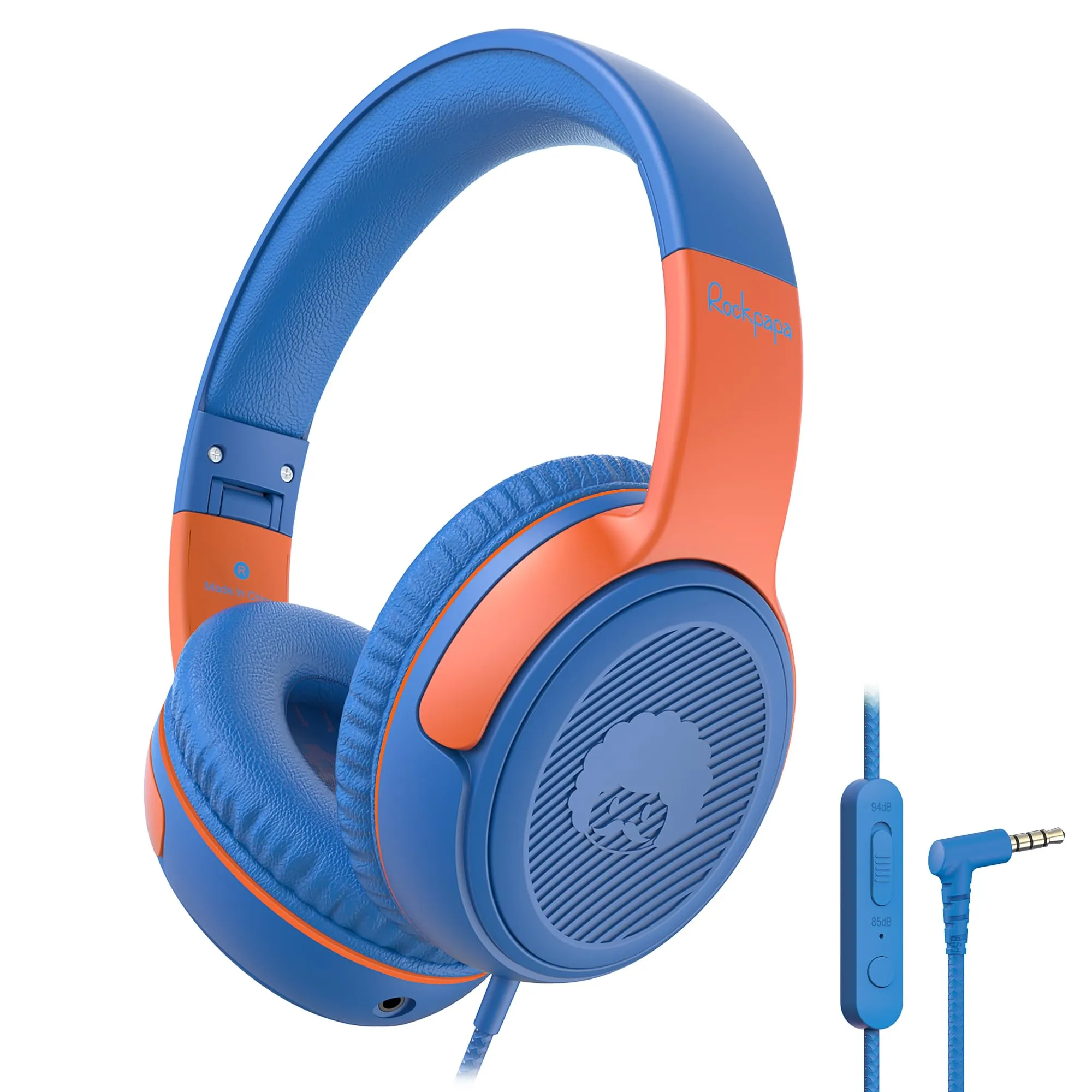 rockpapa Share 1 Kids Headphones Wired with Microphone, 85dB/94dB Volume Limit, Blue/Orange