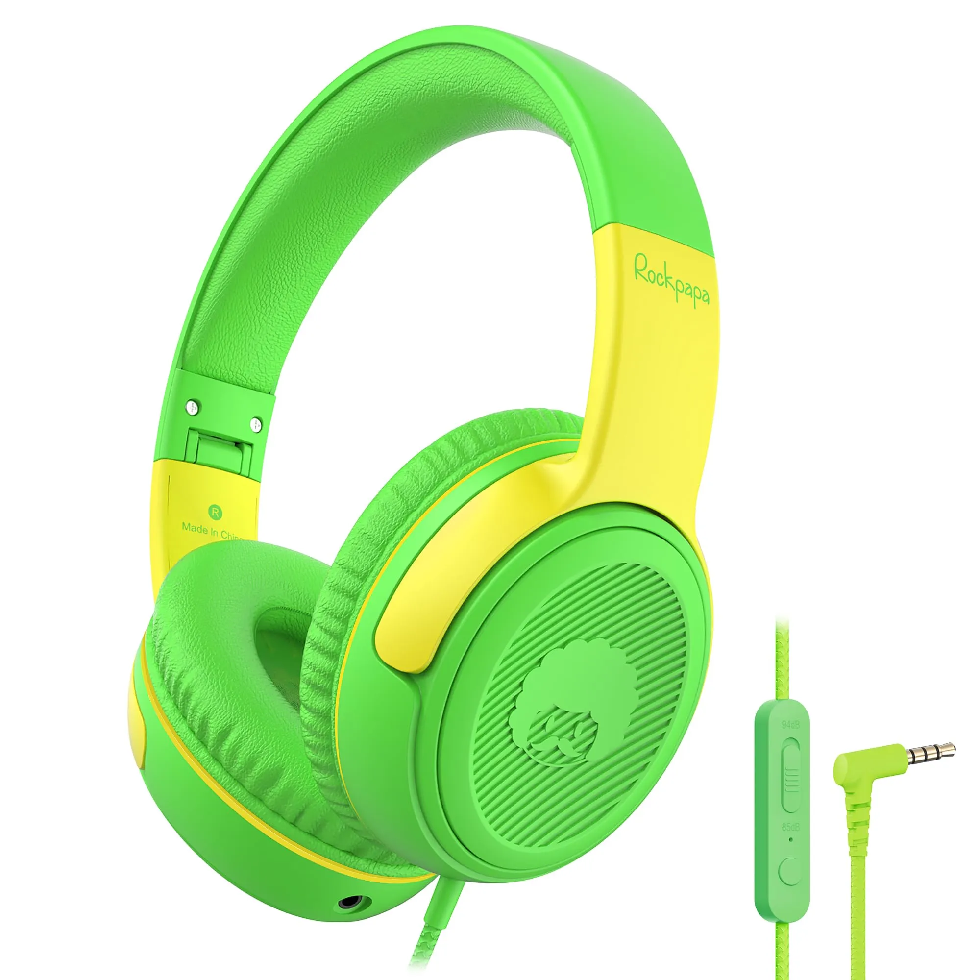 rockpapa Share 1 Kids Headphones Wired with Microphone, 85dB/94dB Volume Limiting, Green/Yellow