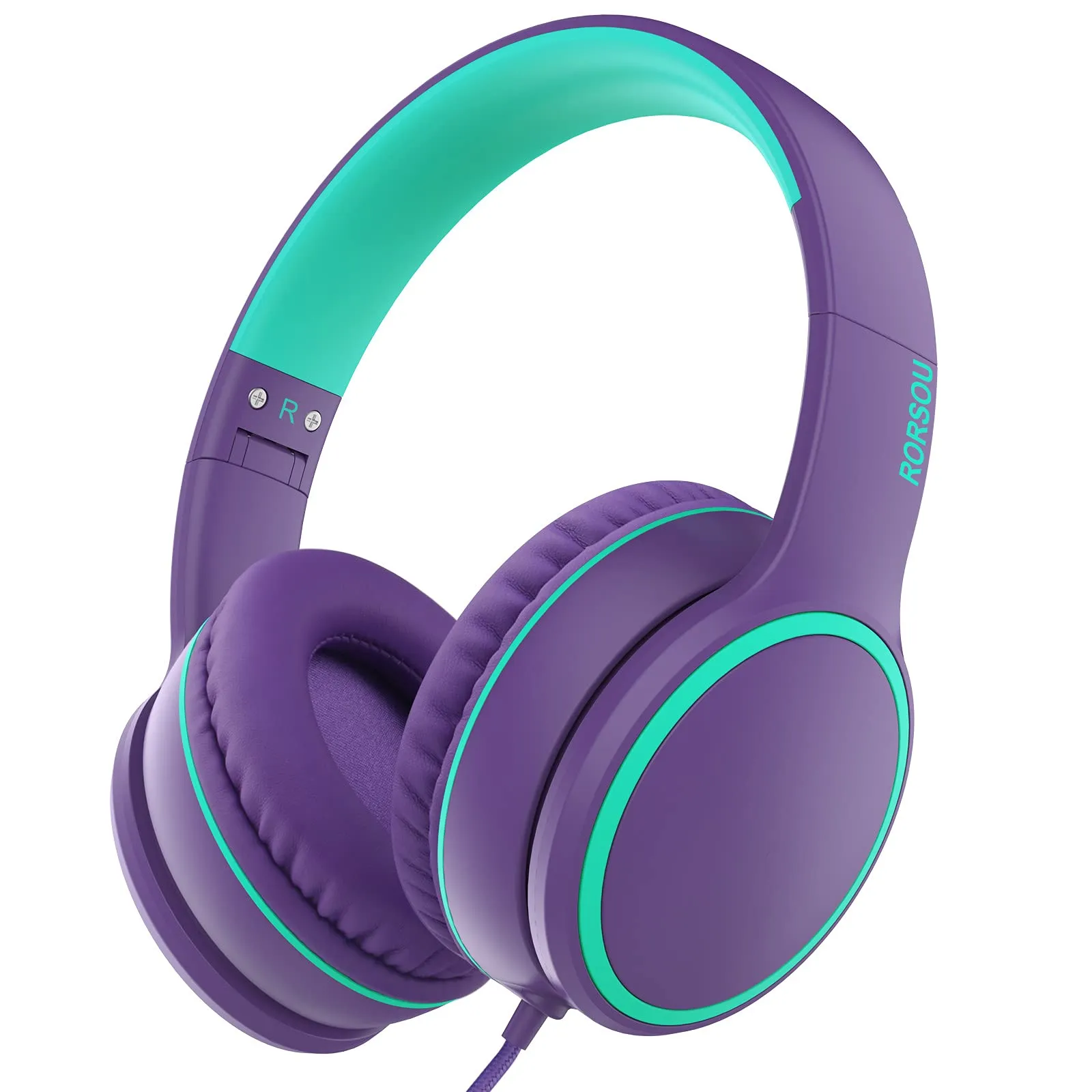 RORSOU R10 Kids Headphones, Lightweight Folding Stereo Bass Headphones (Purple) with Mic