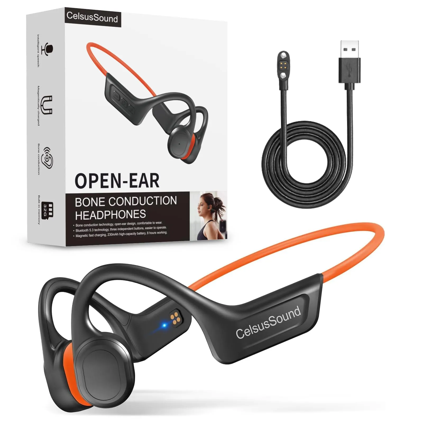 S800C Bluetooth Bone Conduction Headphones, IPX7 Sweatproof Open Ear, 10HR Playtime, Orange