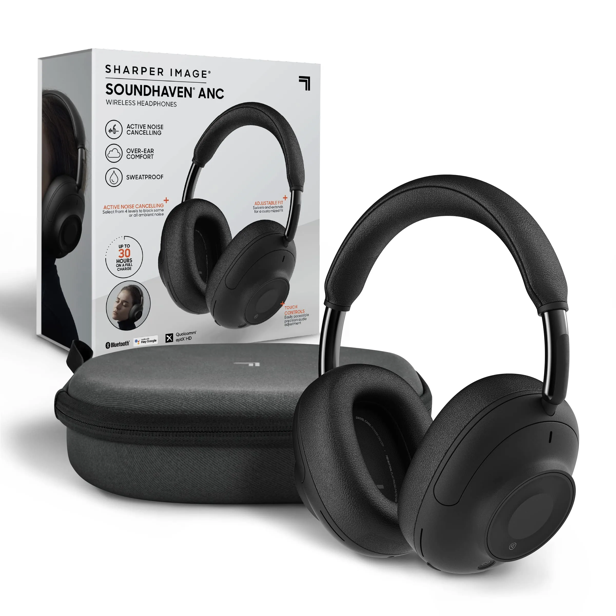 Sharper Image Soundhaven Wireless Over-Ear Bluetooth Headphones, Active Noise Canceling, 30-Hour Playtime