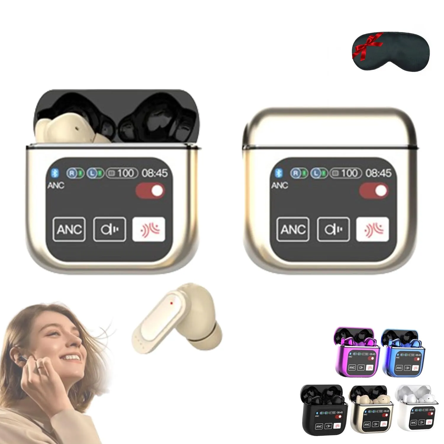 Shuitterlily Bluetooth Earbuds with 1.9in Touch Screen, Active Noise Cancellation & Retrieval Function (Gold)