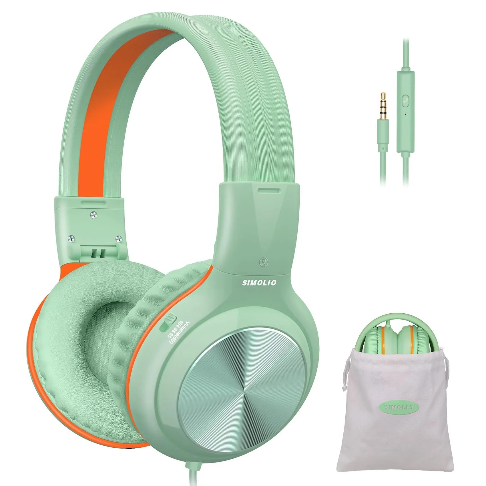 SIMOLIO Kids Headphones, Wired with Microphone, Foldable & Adjustable, Volume Limited 85dB/94dB/104dB, Green