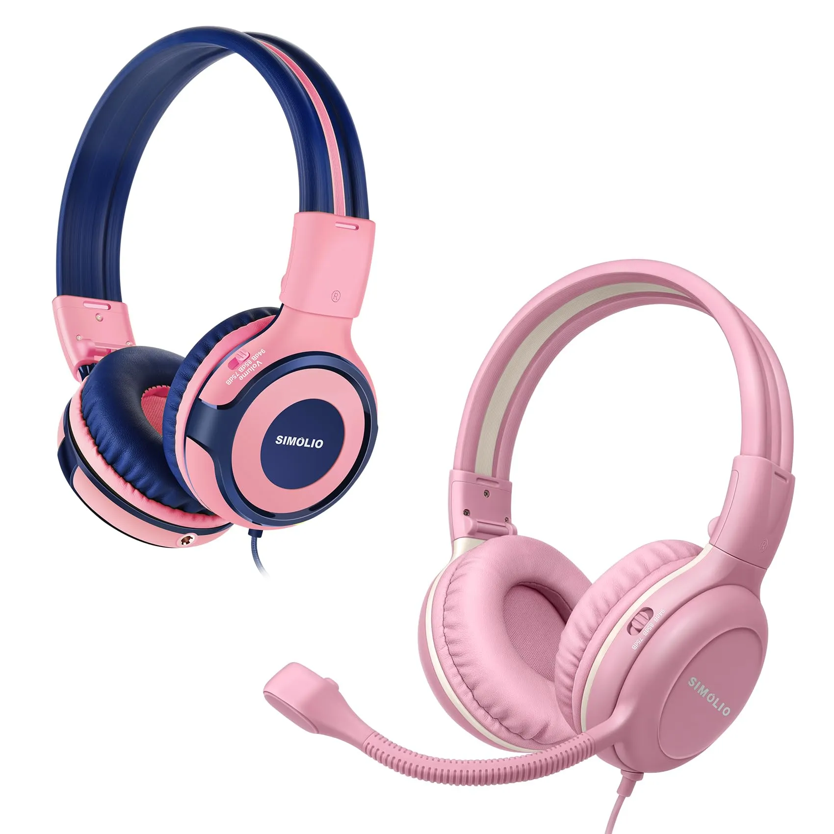 SIMOLIO Kids Headphones with Microphone, 75/85/94 dB Volume Limit, Pink Over-Ear Headset