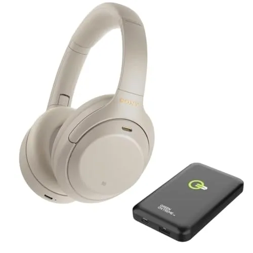 Sony WH-1000XM4 Wireless Noise-Canceling Headphones with Mic, Silver & Green Charger Bundle