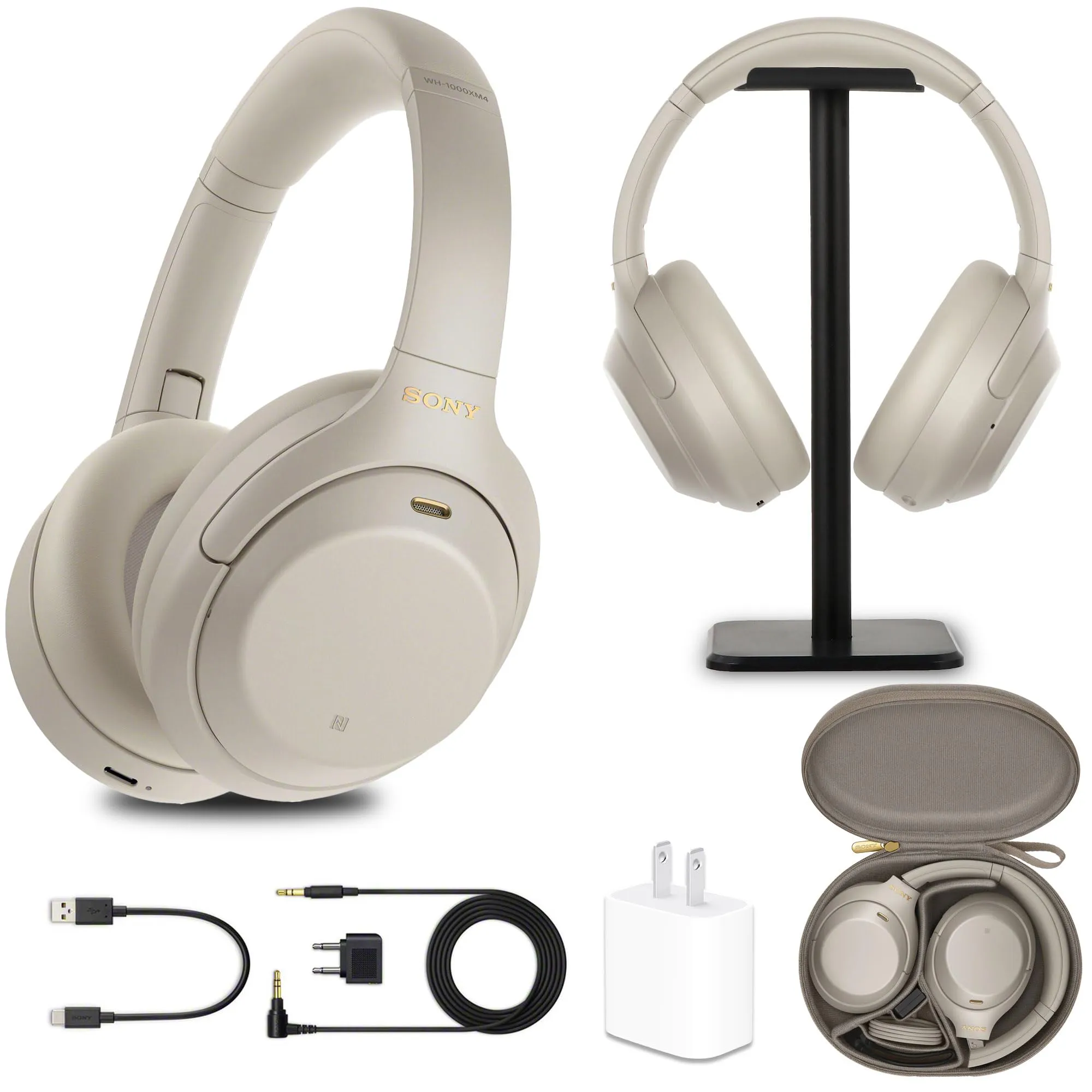 Sony WH-1000XM4 Wireless Noise-Canceling Over-Ear Headphones (Silver) with Mic & Stand