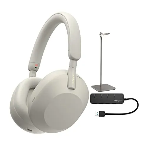 Sony WH-1000XM5 Wireless Noise Canceling Headphones Silver Bundle with USB Hub & Alloy Stand