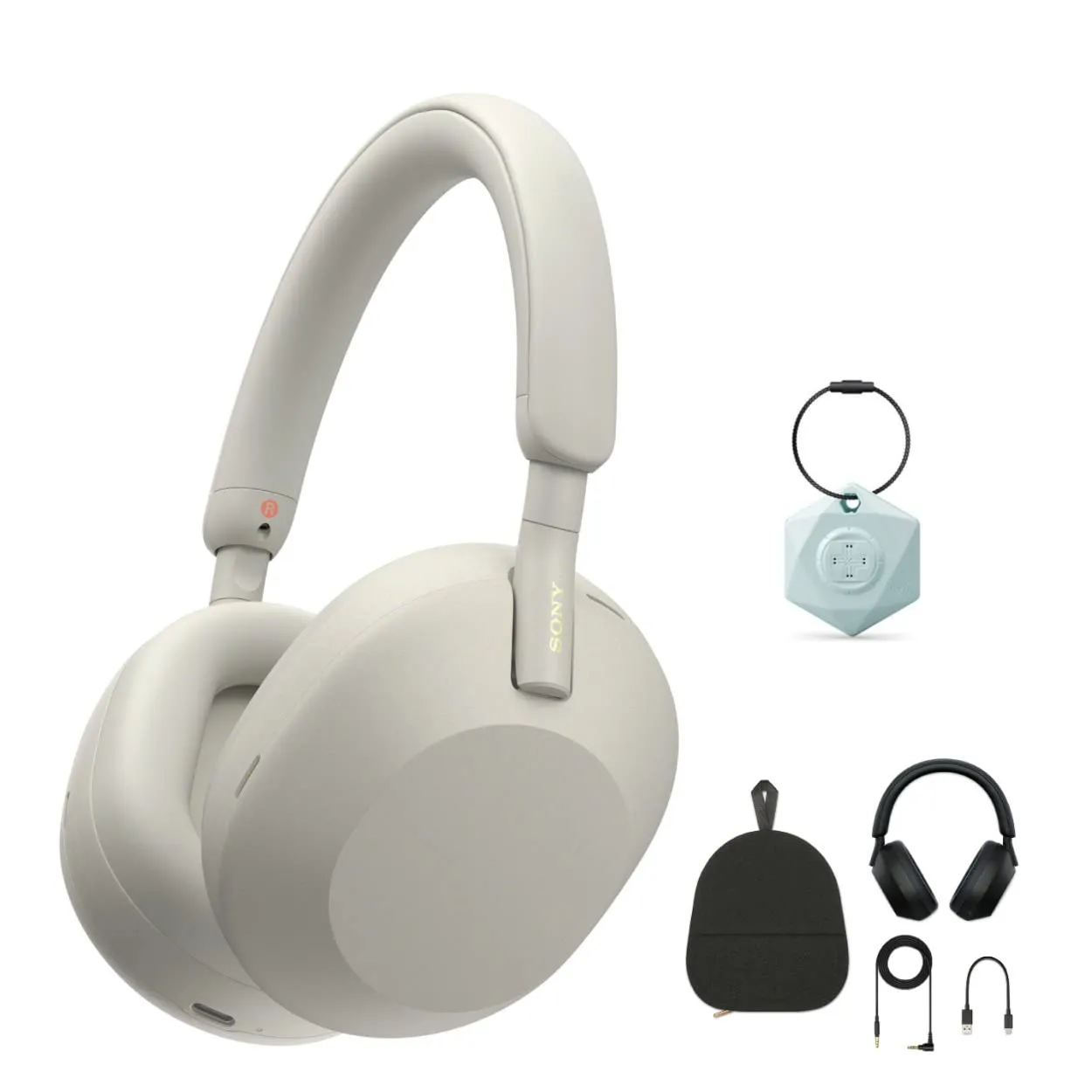 Sony WH-1000XM5 Wireless Noise Canceling Headphones (Silver) with Bluetooth Locator Keychain