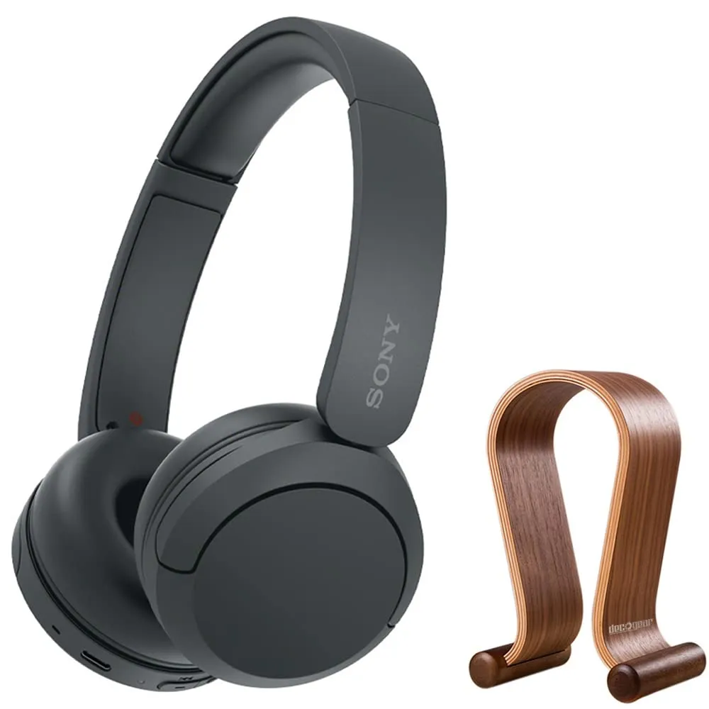 Sony WH-CH520 Wireless Headphones Black with Microphone & Wood Display Stand Bundle