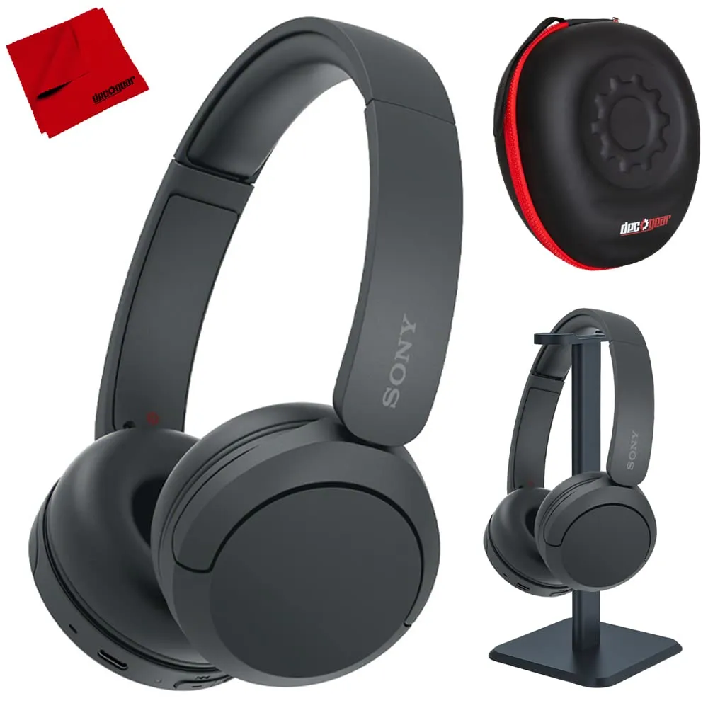 Sony WH-CH520/B Wireless Headphones Bundle with Hard Case, Stand & Cleaning Cloth - Black