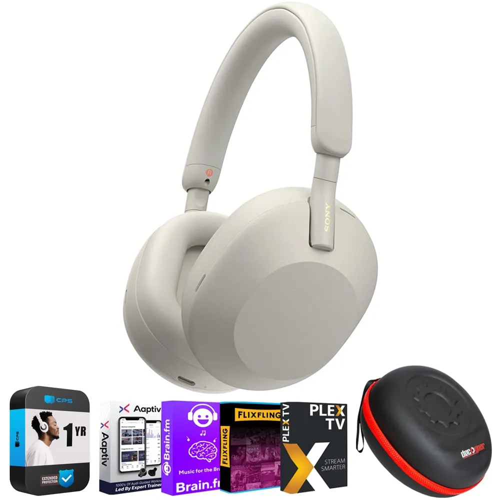 Sony WH1000XM5/S Wireless Noise Canceling Headphones Bundle - Silver with Premium Protection Pack