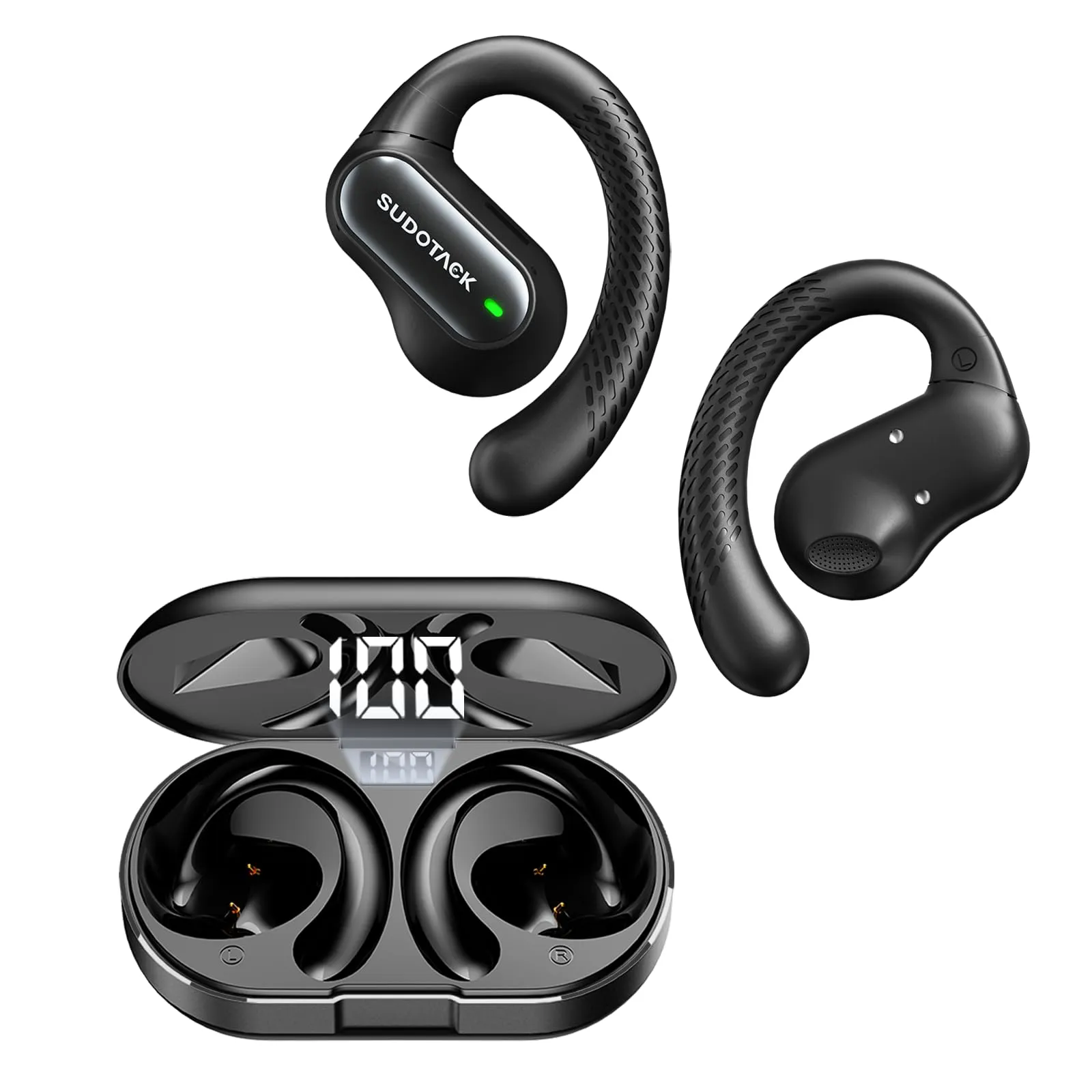 SUDOTACK Ultrafit Wireless Open Ear Headphones, 30 Hours Playtime, Bluetooth 5.3, Sweat-Proof, Black