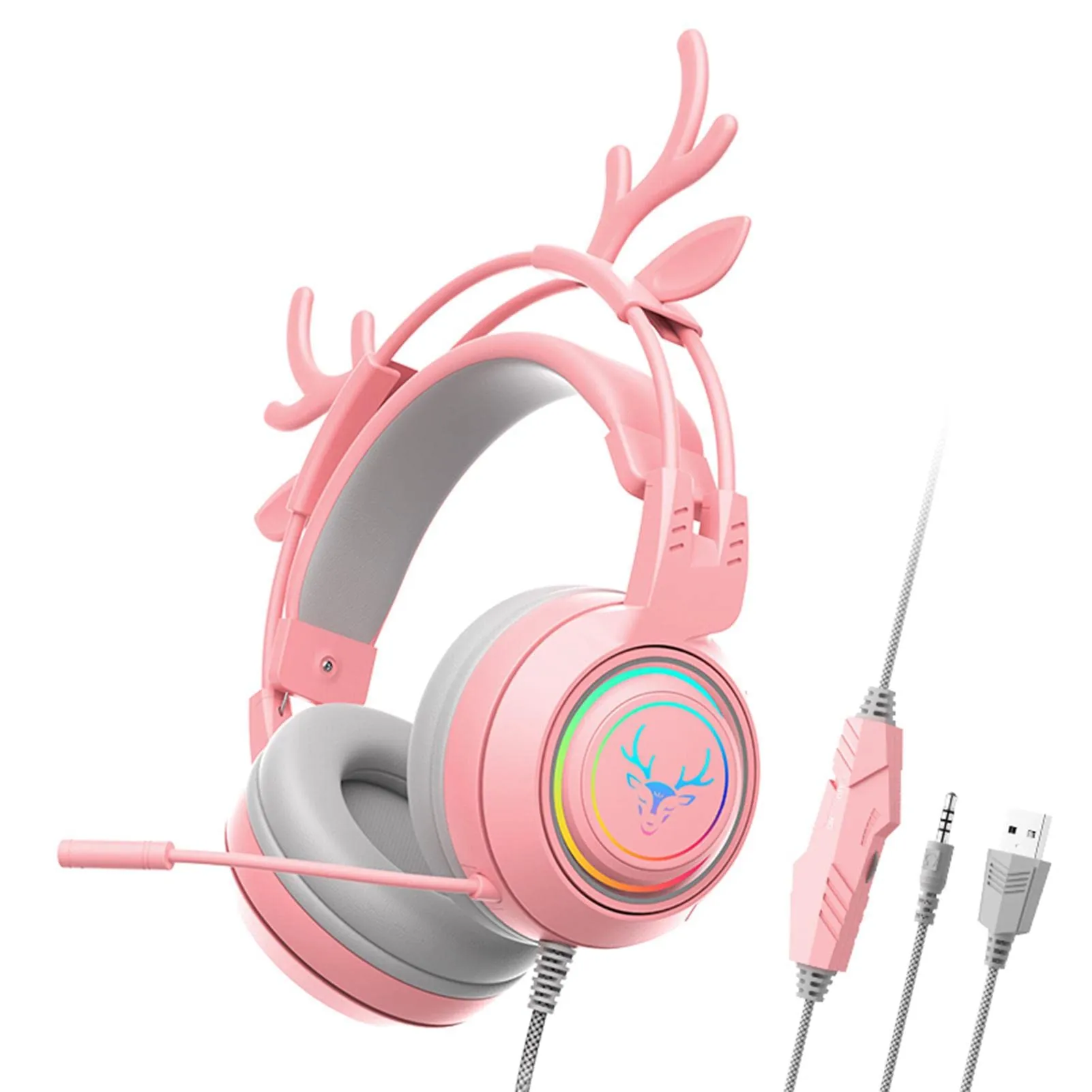 SYCOOVEN Stereo Gaming Headset, 3.5mm Noise Reduction Deer Ear Headphones with Mic, Pink