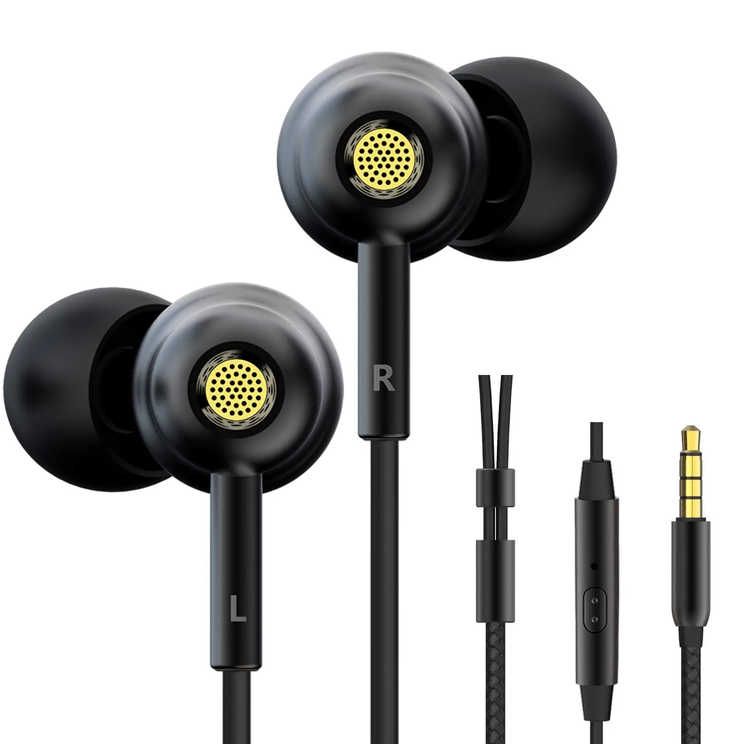 Wired Earbuds with Microphone - Tangle Free In Ear Headphones (Black/Gold) by VOHECHS