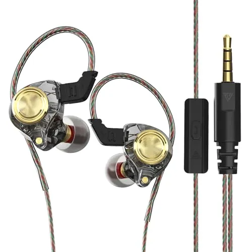 Wired Earbuds with Microphone, Heavy Bass, 3.5mm Jack, Transparent Black with Gold