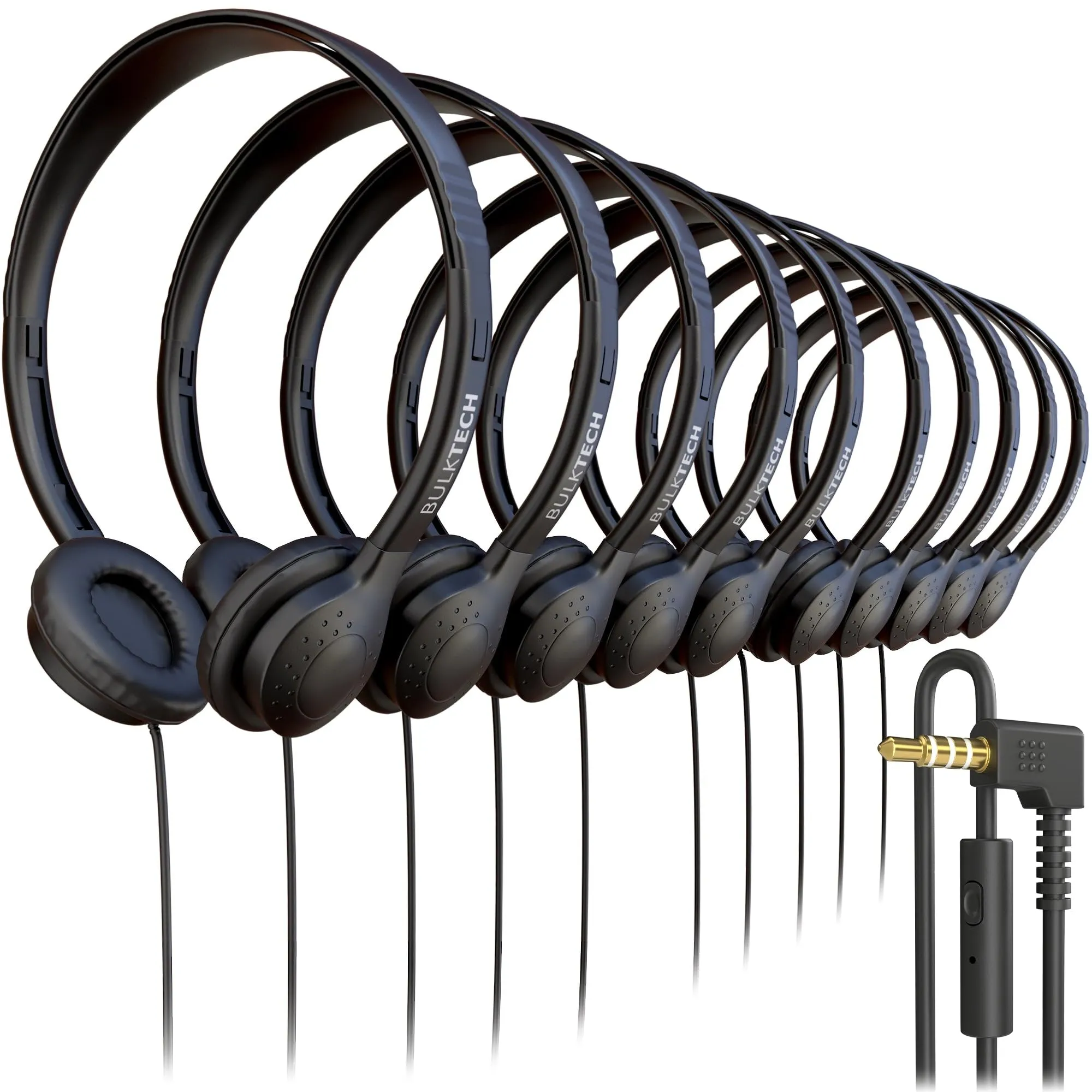 Wired On-Ear Leather Headphones with Microphone, 10 Pack, Black, Comfortable & Durable Design