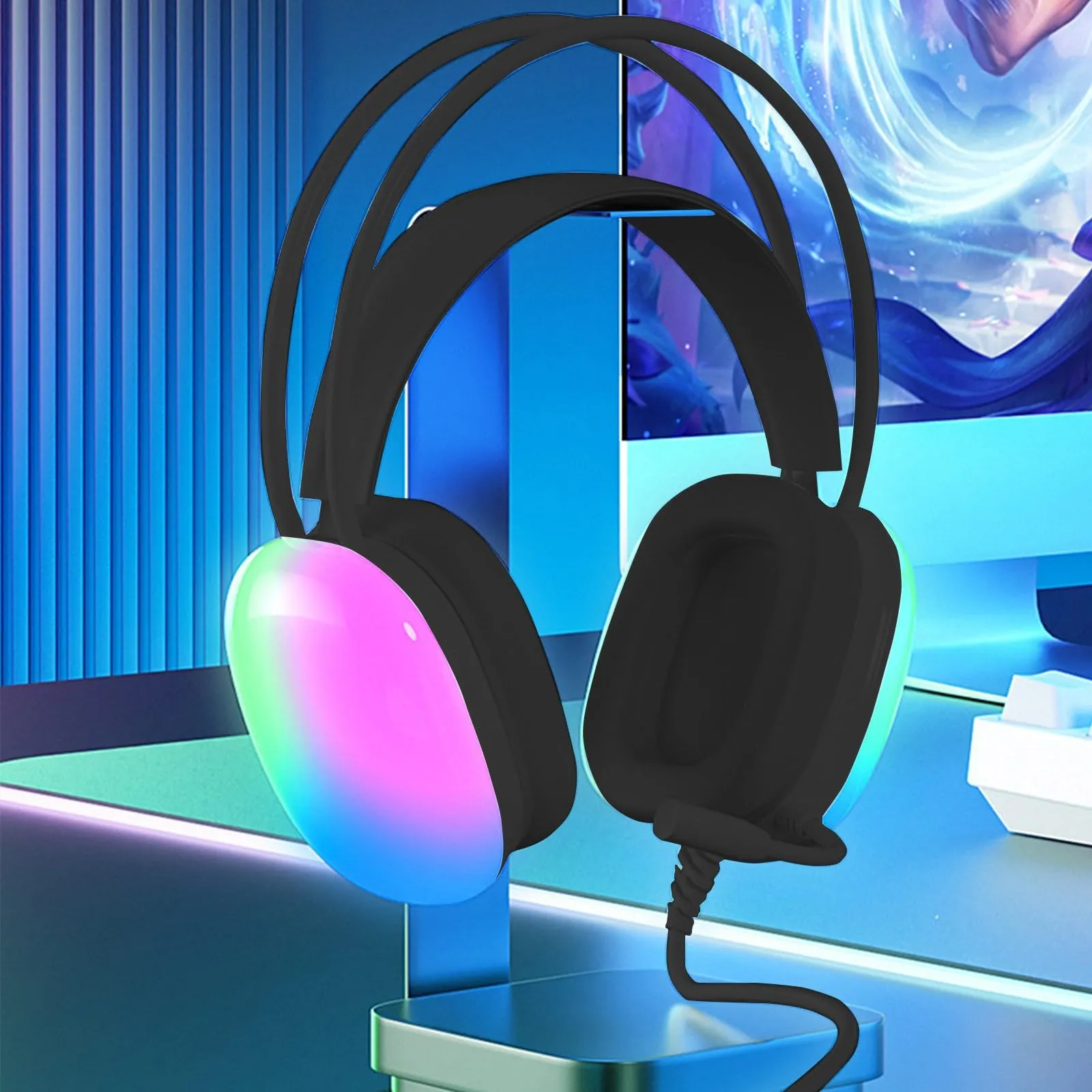 Wired Over-Ear Gaming Headphones with RGB Light & Built-in Mic, Sweatproof Design, Black