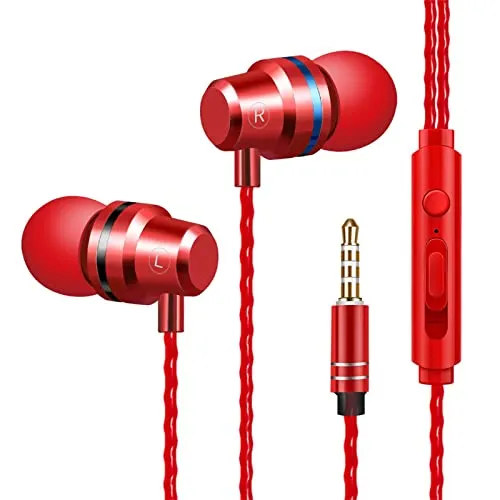 Wired Sports Headphones, 3.5mm in-Ear Earphone, HiFi Super Bass Headset, Red