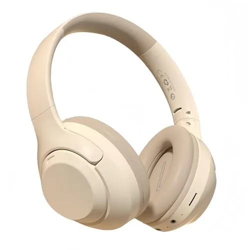 Wireless Bluetooth Earbuds, Noise Cancelling Over-Ear Headphones, Beige, Comfortable Design