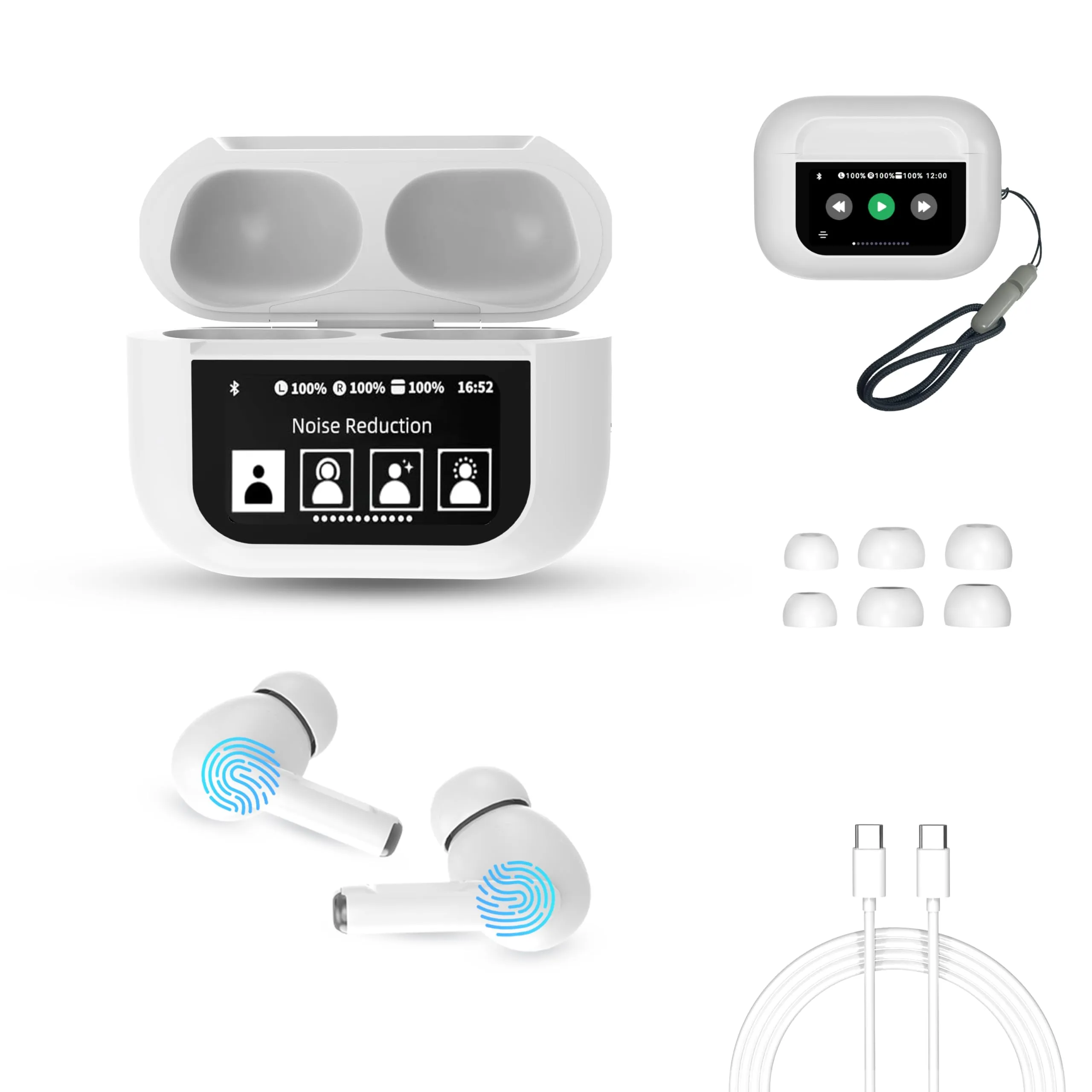 Wireless Bluetooth Earbuds with Touch Control, ANC Noise Cancelling, 54H Battery Life, White