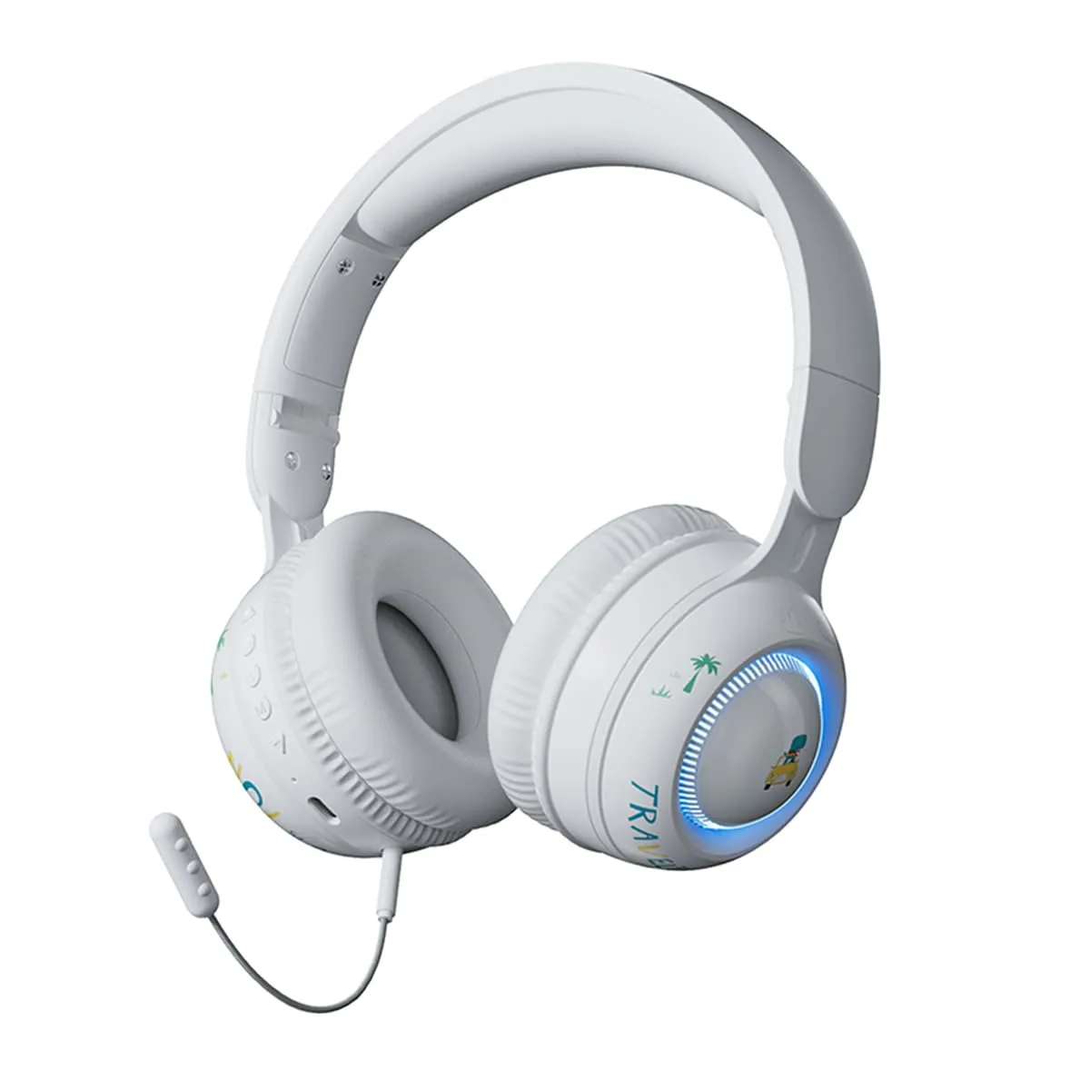 Wireless Bluetooth Kids Headphones with LED Lights, Foldable, Noise Cancelling, White