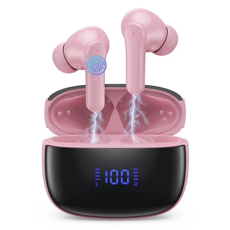 Wireless Earbuds Bluetooth 5.3, 64Hrs Playback, IPX5 Waterproof, Hi-Fi Stereo, Pink