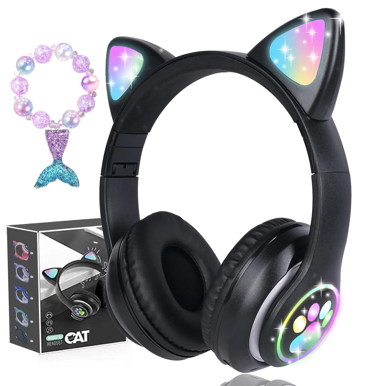 Wireless Kids Headphones with Cat Ear LED Lights, Bluetooth & Wired Modes, Black